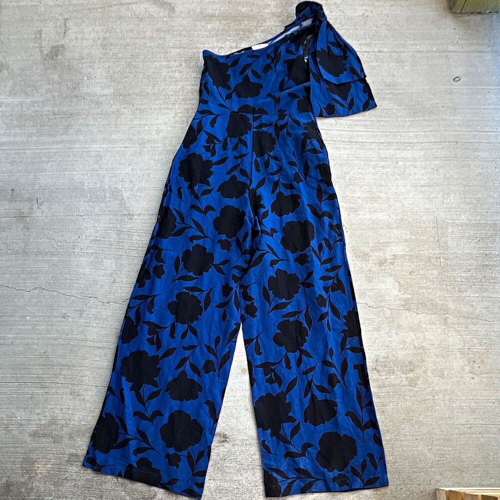 Kate Spade New York One Shoulder Jumpsuit Blue Black Wide Leg Size 4 Floral Bow
